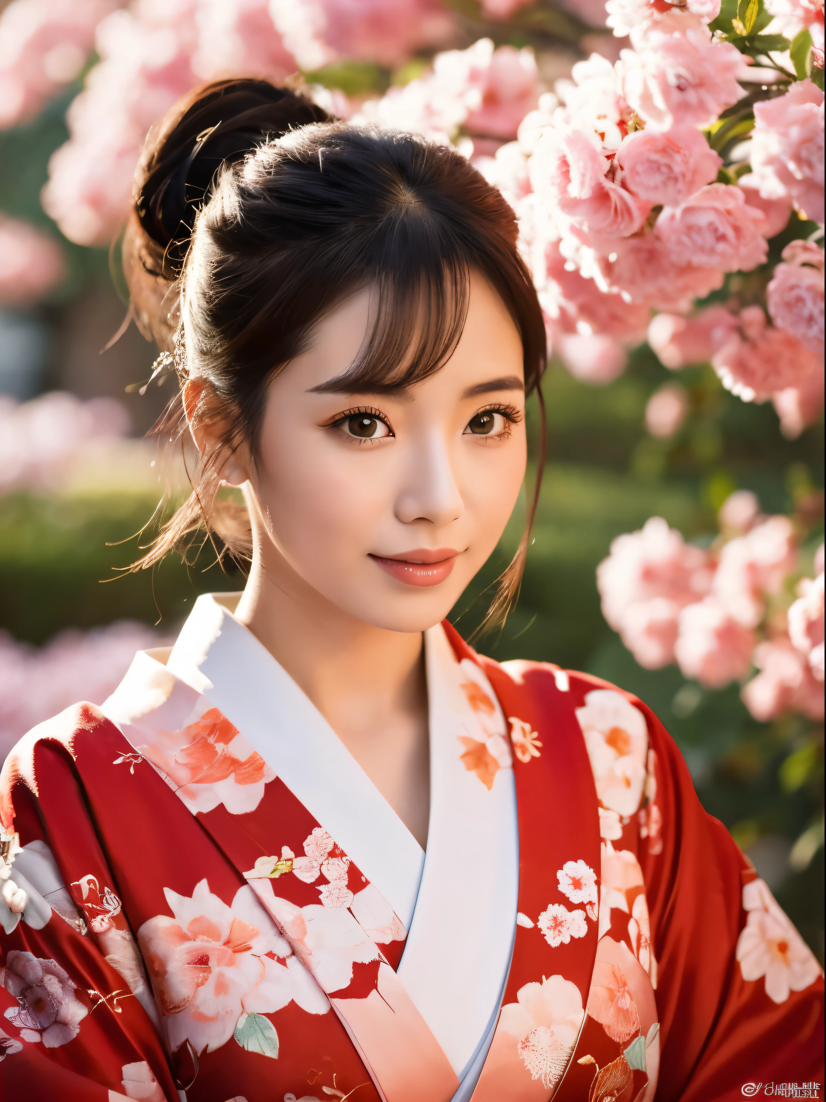 (Ultra-high definition images,Super beautiful details,(8K:1.27),beautiful日本の美しさの詳細, highest quality,red floral kimono, pieces fly, ultra high resolution:1.2) Photo of a cute Japanese woman，facial details, (beautiful:1.1)Authentic beauty,full body image,Full body high-definition painting,Against the backdrop of a Japanese garden,