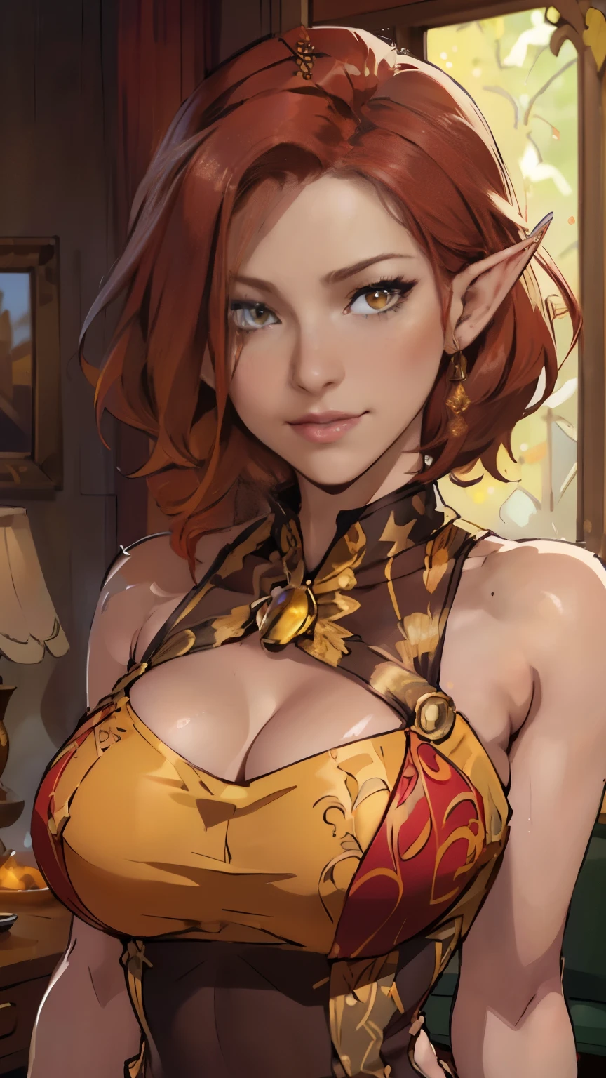 (, eden_sher, gorgeous woman,, red hair, short hair, twin_low_braids), dark skin, ((yellow eyes)), elf ears , seductive, smirking, (medium breasts, perfect breasts), narrow waist, strong shoulders, , BREAK, gold dress, intricate fabric, boob cutout, boob window, cleavage , portrait, upper body, bust, 1 woman, (best quality,4k,8k,highres,masterpiece:1.2),ultra-detailed,(realistic,photorealistic,photo-realistic:1.37), HDR, vivid colors, studio lighting, sharp focus, fantasy background, castle hall