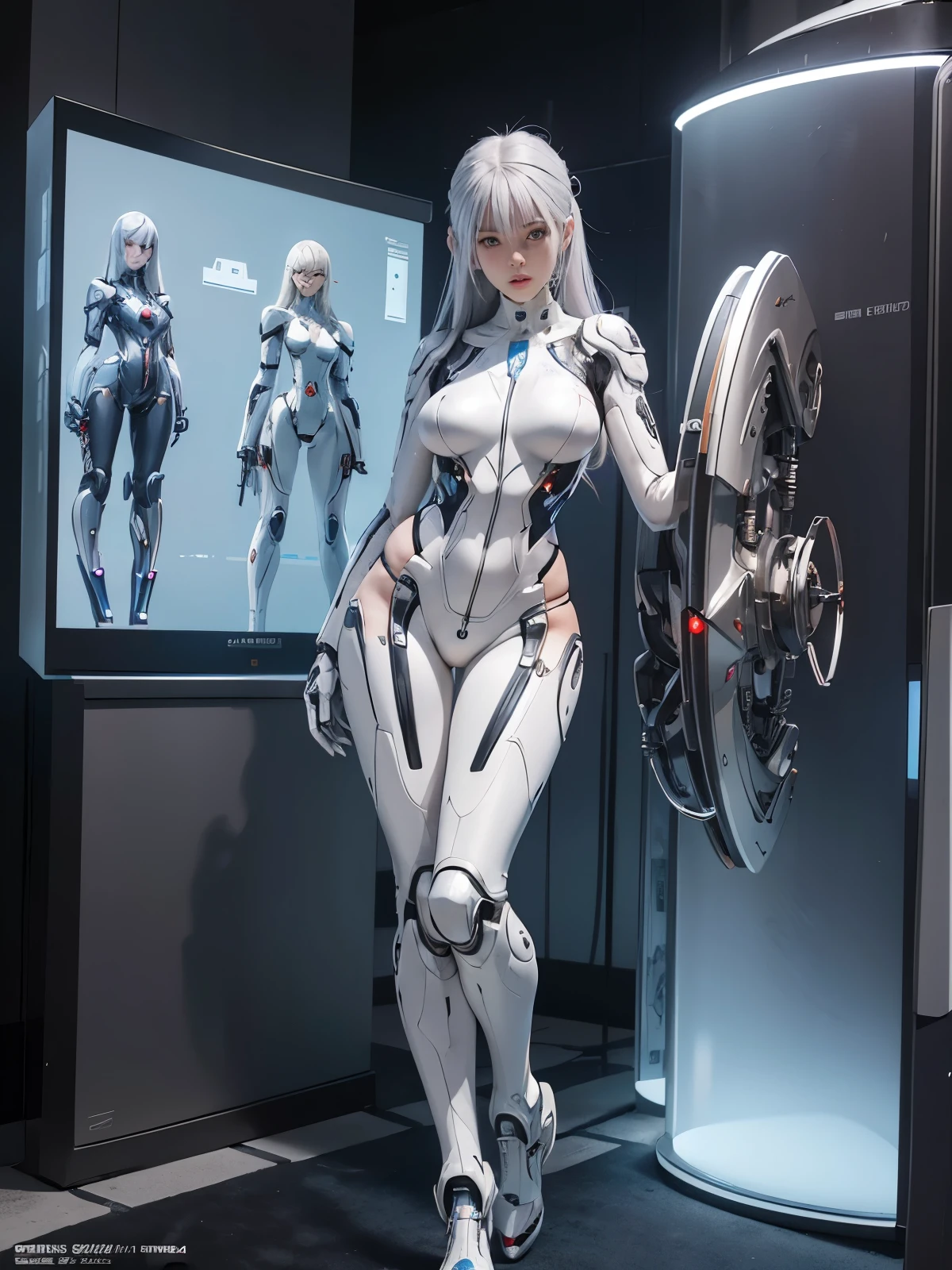 Woman in futuristic costume, Standing on the edge of the roof, cyborg - girl with silver hair, gynoid cyborg body, Anime Cyborg, perfect anime cyborg woman, biomechanical oppai, bent over (Posing on the display:1.4), Anime character; full body art, beutiful white girl cyborg, cybersuits, gynoid body, cyborg girl, cyberpunk bodysuit