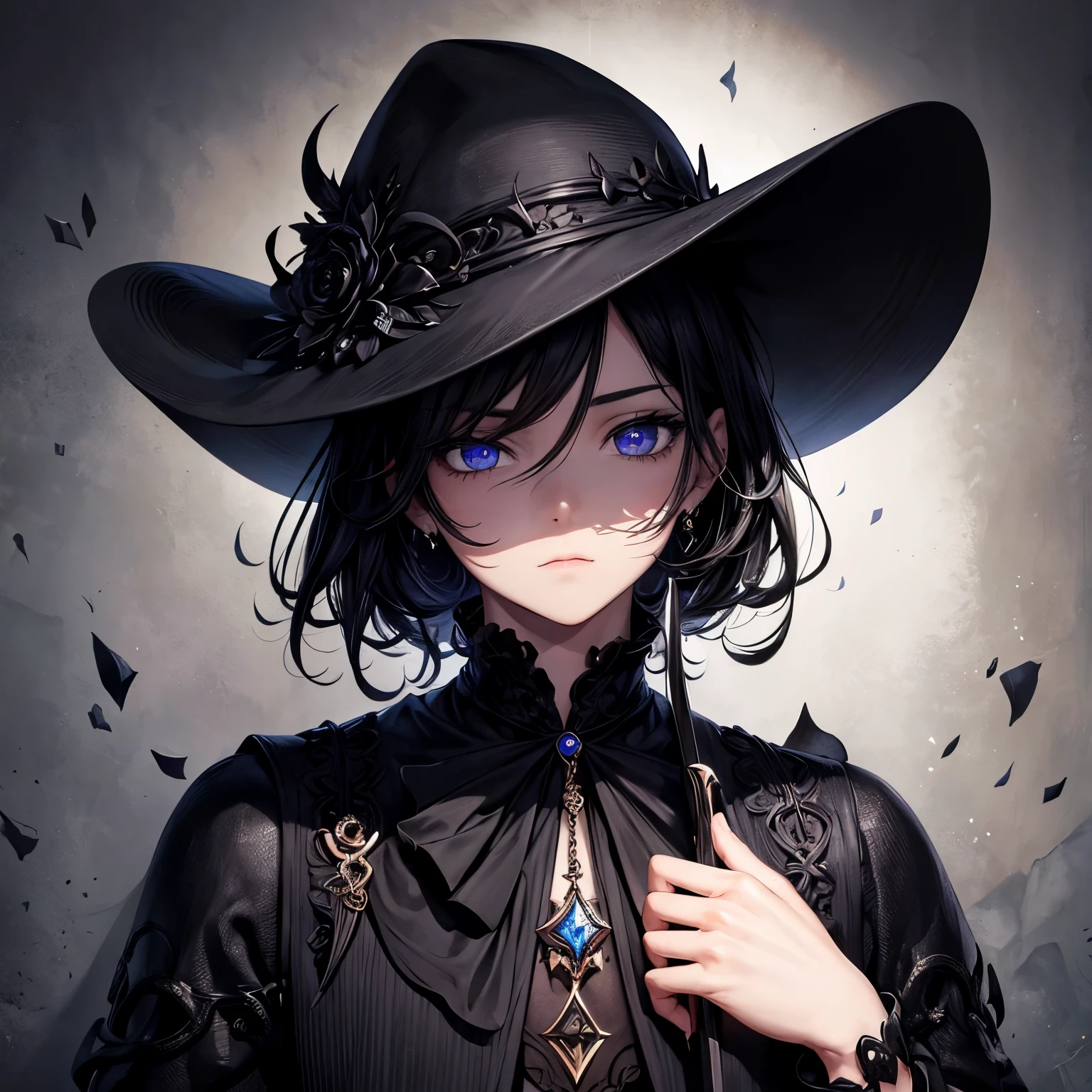 obra maestra, Mejor calidad, 1 hombre, adulto, enfoque masculino, Solo, pelo negro medio, Ojos negros vibrantes, mirando al espectador, boca cerrada, emo, fantasy aesthetics, muy detallado, Estilo Shadowverse, de traje negro formal