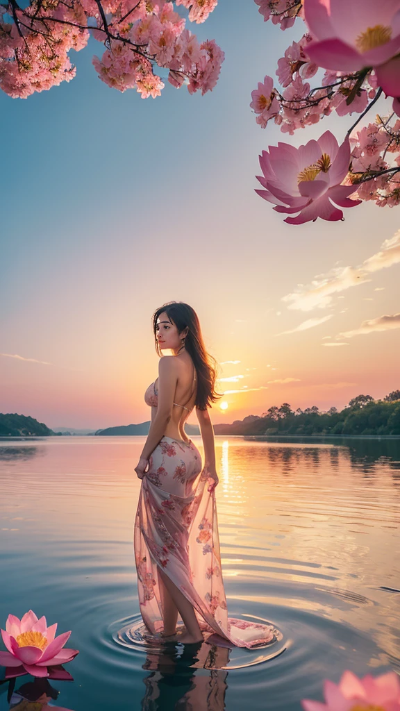 Create an idyllic scene featuring a stunning woman wearing a vibrant, floral-patterned bikini, standing gracefully in the midst of a serene lake adorned with blooming lotus flowers. Pale skin, detailed face, Capture the tranquility of the setting sun casting a warm, golden hue over the water's surface, painting the sky with hues of pink and orange. Ensure the woman exudes confidence and elegance, her posture reflecting a sense of serenity as she admires the delicate lotus blossoms surrounding her. The reflection of the picturesque landscape on the calm water should emphasize the peacefulness and natural beauty of this enchanting moment
