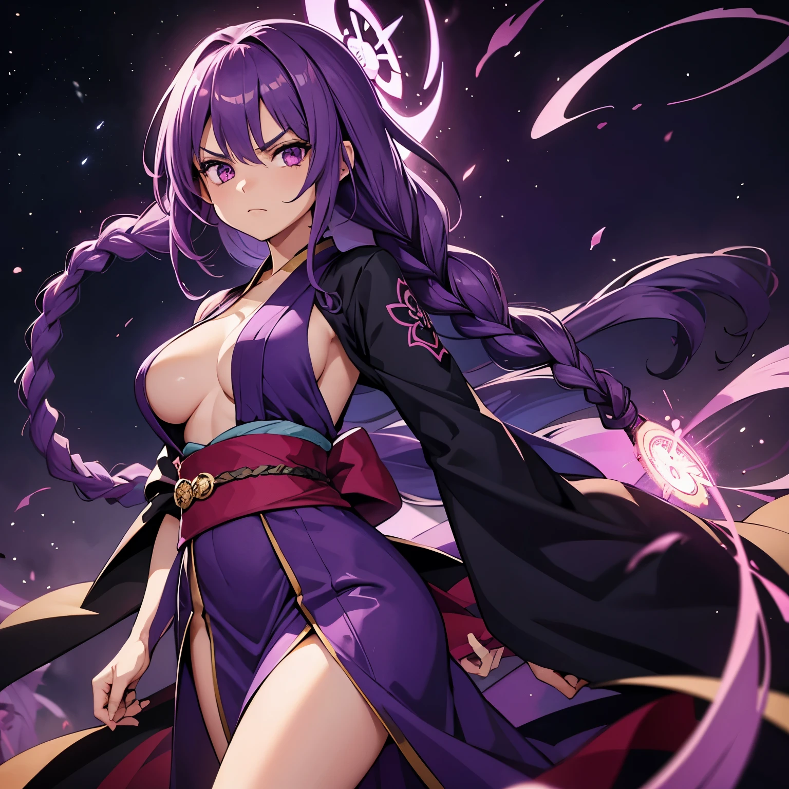 1 girl, purple hair, very Long hair, 1 Long braid hair, withe skin, purple eyes, anime style, kimono dress, purple dress, aura around her, lighting aura, angry face, side boob,