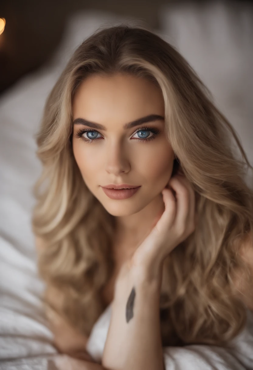 Femme Arafed complètement , aux yeux bleus, ultra réaliste, minutieusement détaillé, Portrait de Sophie Mudd, cheveux blonds et grands yeux, selfie d'une jeune femme, yeux de la chambre, violette myers, sans maquillage, maquillage naturel, regarder directement la caméra, Visage avec Artgram, maquillage subtil, Superbe photo du corps entier agenouillée sur le lit, dans la chambre, buste de taille moyenne à grande