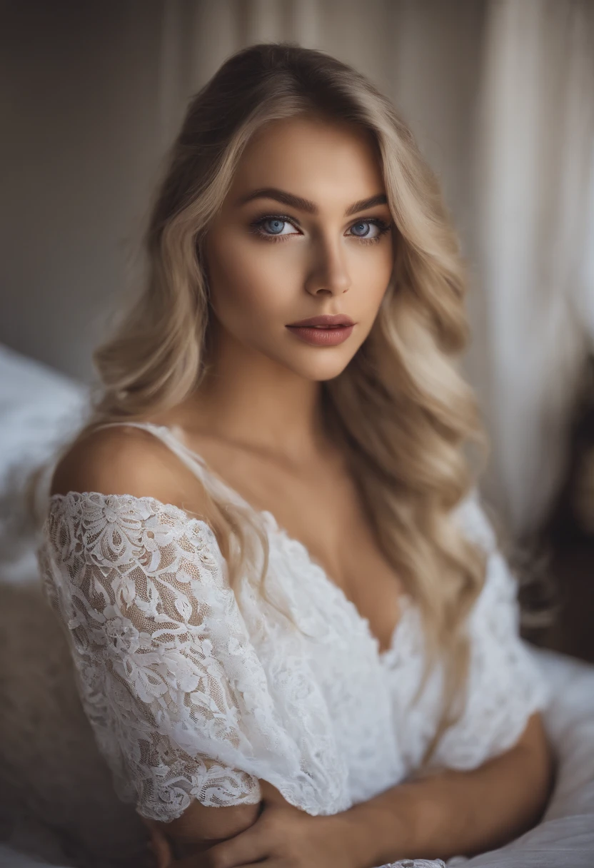Femme Arafed complètement ,  aux yeux bleus, ultra réaliste, minutieusement détaillé, Portrait de Sophie Mudd, cheveux blonds et grands yeux, selfie d&#39;une jeune femme, yeux de la chambre, violette myers, sans maquillage, maquillage naturel, regarder directement la caméra, Visage avec Artgram, maquillage subtil, Superbe photo du corps entier agenouillée sur le lit, dans la chambre, buste de taille moyenne à grande