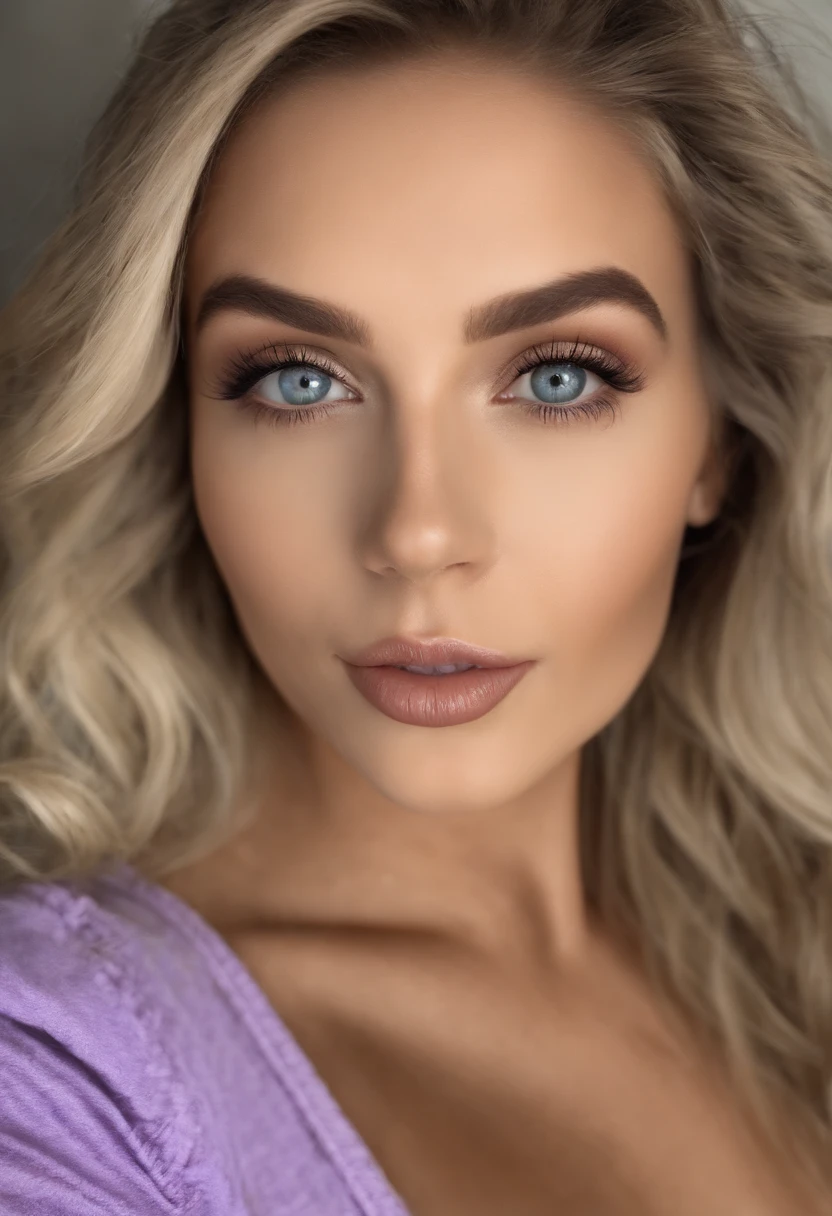 Femme Arafed complètement , aux yeux bleus, ultra réaliste, minutieusement détaillé, Portrait de Sophie Mudd, cheveux blonds et grands yeux, selfie d'une jeune femme, yeux de la chambre, violette myers, sans maquillage, maquillage naturel, regarder directement la caméra, Visage avec Artgram, maquillage subtil, Superbe photo du corps entier agenouillée sur le lit, dans la chambre, buste de taille moyenne à grande
