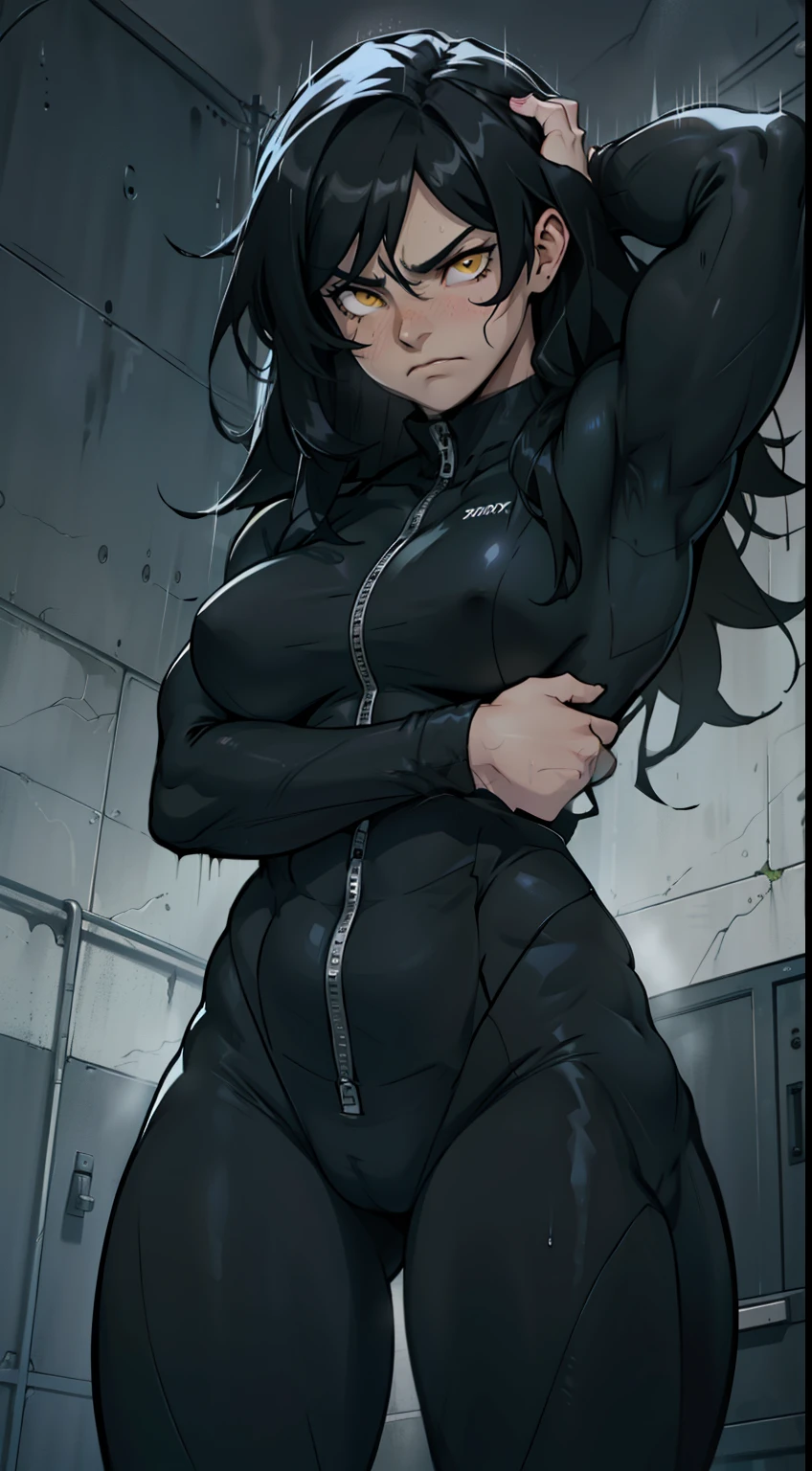 ((((1 girl, muscular)))), (thick thighs, breasts, very long hair), black hair, yellow eyes, solo, sweaty, (skinsuit), (dark atmosphere), pale skin best quality sad frown rainy