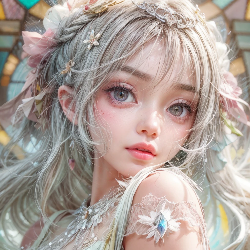 SFW, concept art, Tiny junior idol, Delicate lace knitted white clothes, (Exposed:0.9), (nipple:-0.9), (dynamic closeup, (Dazzling stained glass Background)), (((Renbutsu Misako), colorful Light shines through stunning elaborate stained glass:1.2, vivid Red colors, lense Particle, lens flare, light Particle, Dazzling Halo, Acutance:0.8)). (masterpiece:1.2),(ultra-detailed:1.37),(realistic,photorealistic,photo-realistic:1.37), (Extremely detailed KAWAII face variations, innocent expression variations), rosy cheeks, intricate detailed eyes with sparkling highlights, long eyelashes with volume, subtle blush on the face. Mystic sight, haze, impeccable skin texture, captivating gaze, ((Dynamic-angle, physically-based rendering)) . (((not Detailed fingers:-0.9, large eyes:-0.8))) .