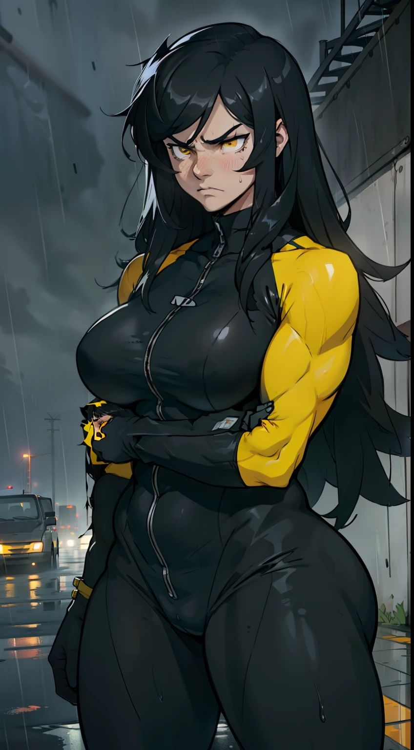 ((((1 girl, muscular)))), (thick thighs, big breasts, very long hair), black hair, yellow eyes, solo, sweaty, (skinsuit), (dark atmosphere), pale skin best quality sad frown rainy pale skin best quality sad frown rainy