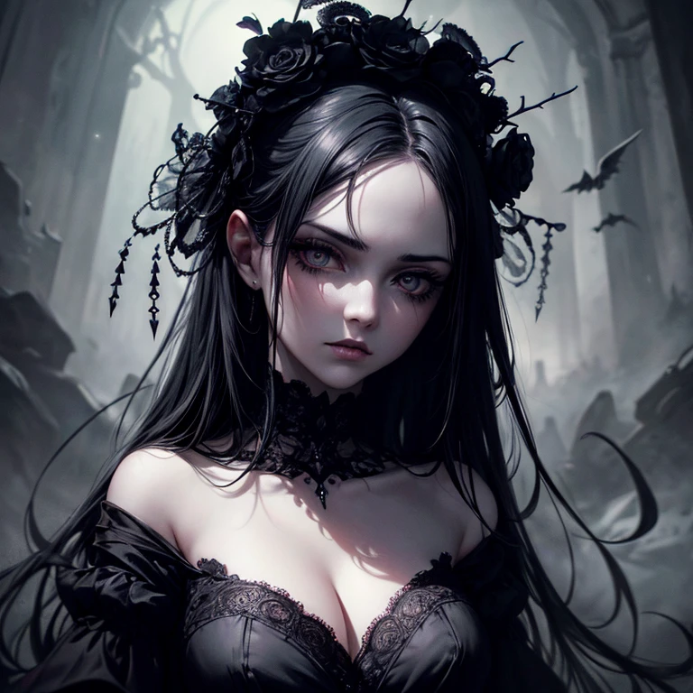 (best quality,highres,masterpiece:1.2),ultra-detailed,realistic,beautiful detailed eyes,beautiful detailed lips,extremely detailed eyes and face,long eyelashes,1girl,dark atmosphere,sharp contrast,dramatic lighting,haunting background, distorted shadows,expressive body language,mysterious setting,gothic vibes,sinister aura,eerie atmosphere,creepy and enchanting,ethereal glow,ominous presence,alluring yet dangerous,hauntingly beautiful,stylized illustration,dark romanticism,color palette: deep and moody,rich and vibrant colors,illuminating highlights,malevolent energy,vivid painting style,emotionally charged,conceptual art,uncanny beauty,haunted dreamscape.