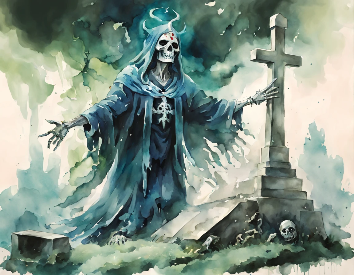 watercolorpainting art style, Lich rising from a grave