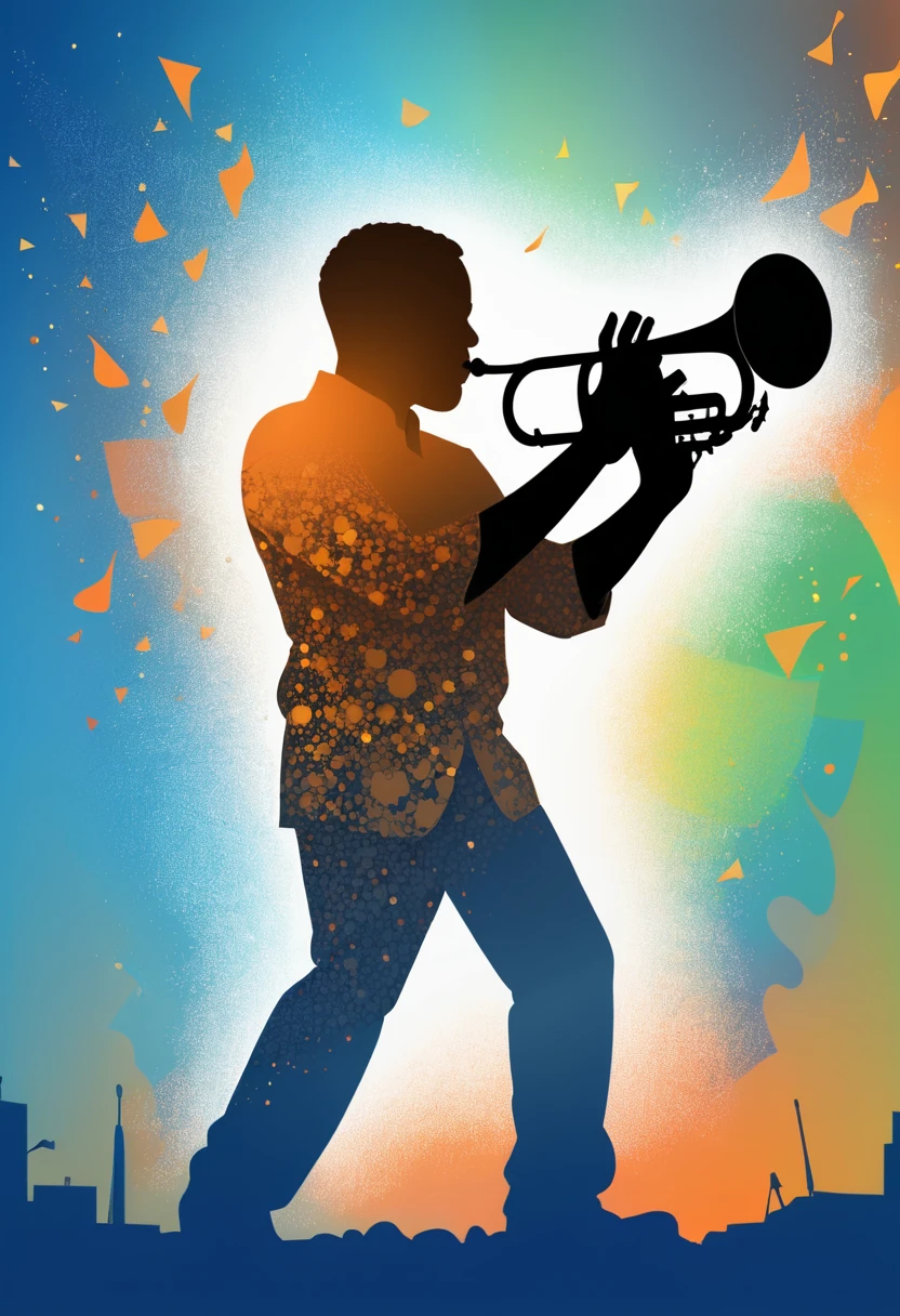(best quality,highres:1.2),silhouette of a jazz trumpeter on a stage,colorful background,blue,orange,green,blurred, imprimed in a pure zentangle style,black,brown, crunch it, make it outstanding, the best emotive silhouette ever, sparkles, musical explosions, flying musical notes, magical, thanks. By Tupu...lol...