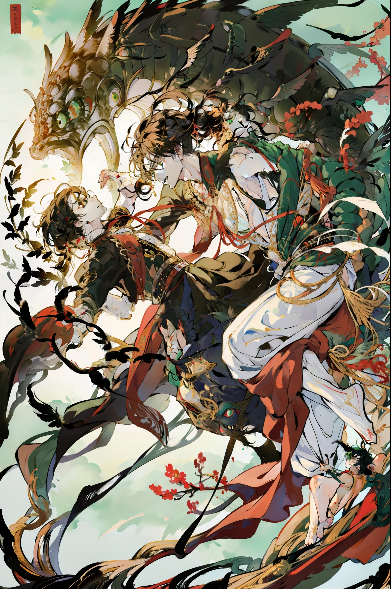 (best quality, high resolution, ultra detailed), a boy, a ager, with black hair and toxic green eyes, very beautiful, dressed in a traditional costume from some oriental country, surrounded by strange insects, of all sizes, and that They look scary. He seems comfortable with insects, but the atmosphere is terrifying, so he holds what appears to be a red and black centipede.