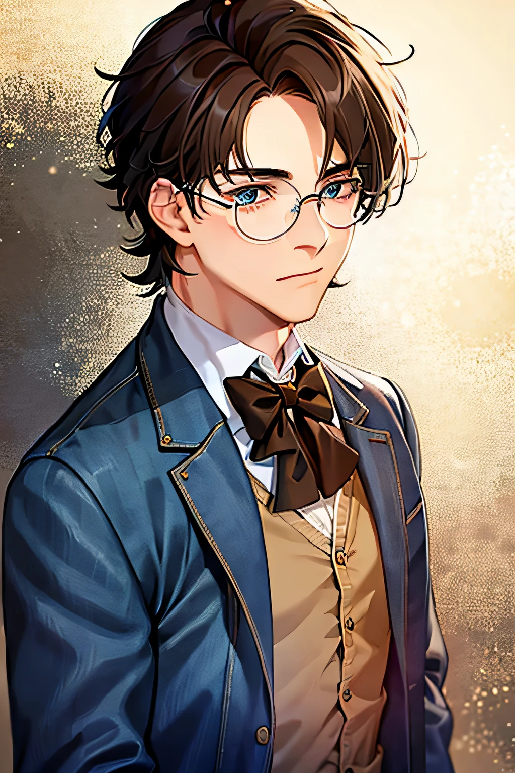 Medium hair, messy hair, brown hair, blue eyes, denim jacket, bowtie, 1boy, male, formal, glasses, bar