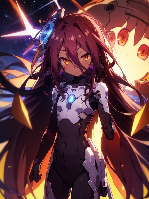 Masterpiece, Top quality, high resolution, highres, 8k, best quality, HD, child, 1 male, shota, cute, innocent, ((dark skin)), orange eyes, otokonoko, dark brown hair long hair in a side-swept style smooth, wearing an a black fullbody bodysuit, exosuit armour parts, armour waist mecha attachment, cute artstyle, stand still, close up, (Shuvi), (deus ex machina race), (no game no life), A starry sky,