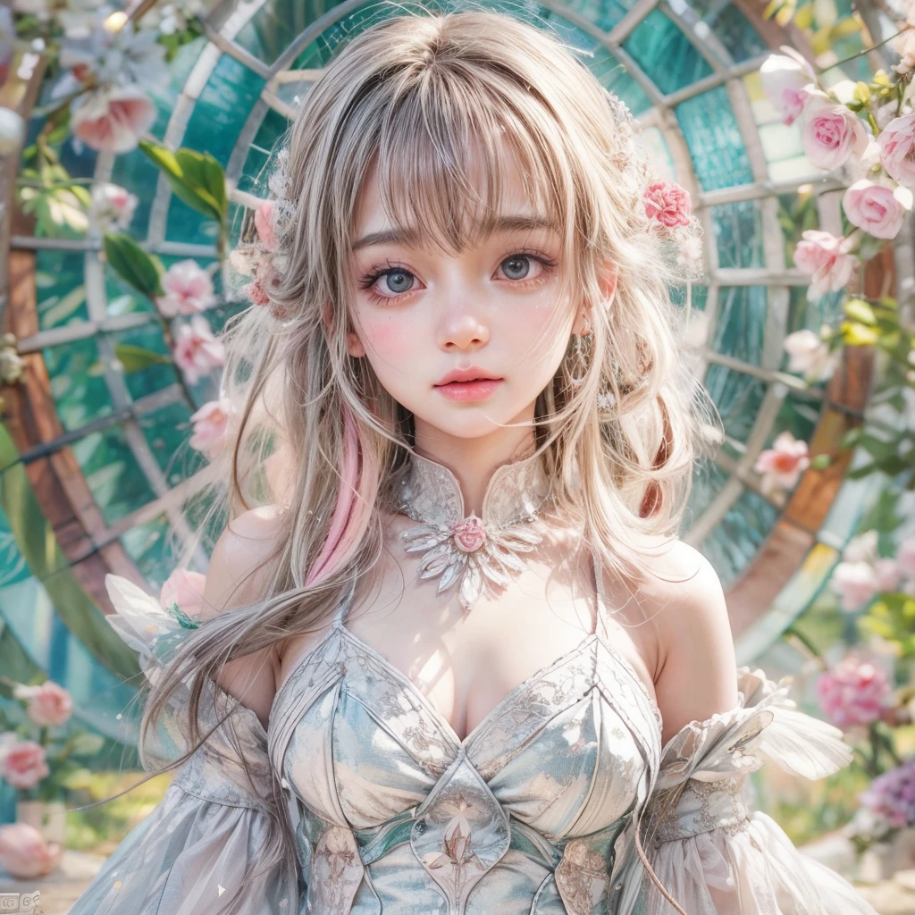 SFW, concept art, Tiny junior idol, Delicate lace knitted white clothes, (nipple:-0.9), (dynamic closeup, (Dazzling stained glass Background)), (((Renbutsu Misako), colorful Light shines through stunning elaborate stained glass:1.2, vivid Red colors, lense Particle, lens flare, light Particle, Dazzling Halo, Acutance:0.8)). (masterpiece:1.2),(ultra-detailed:1.37),(realistic,photorealistic,photo-realistic:1.37), (Extremely detailed KAWAII face variations, innocent expression variations), rosy cheeks, intricate detailed eyes with sparkling highlights, long eyelashes with volume, subtle blush on the face. Mystic sight, haze, impeccable skin texture, captivating gaze, ((Dynamic-angle, physically-based rendering)) . (((not Detailed fingers:-0.9, large eyes:-0.8))) .