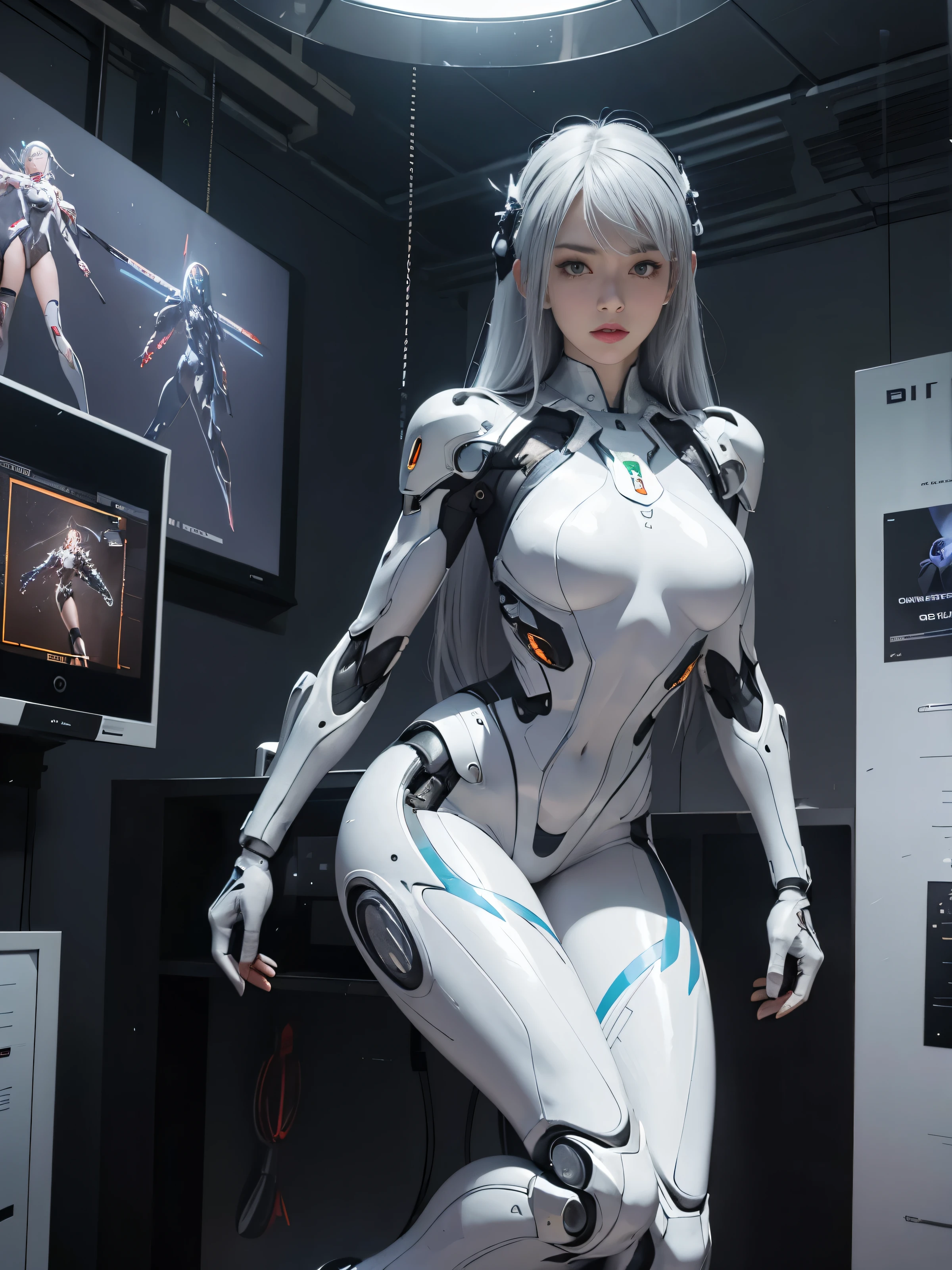 Woman in futuristic costume, Standing on the edge of the roof, cyborg - girl with silver hair, gynoid cyborg body, Anime Cyborg, perfect anime cyborg woman, biomechanical oppai, bent over (Posing on the display:1.4), Anime character; full body art, beutiful white girl cyborg, cybersuits, gynoid body, cyborg girl, cyberpunk bodysuit, (((bright face))), (((perfect lighting))), in modern city tech street