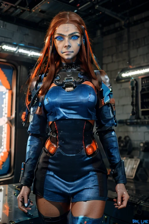 Beautiful teenage cyborg, realistic cosplay4K HD long red hair, in a cyberpunk labratory:1.2, younger face, blue eyes, blue and orange and pink and purple cyberpunk cyborg parts:1.3