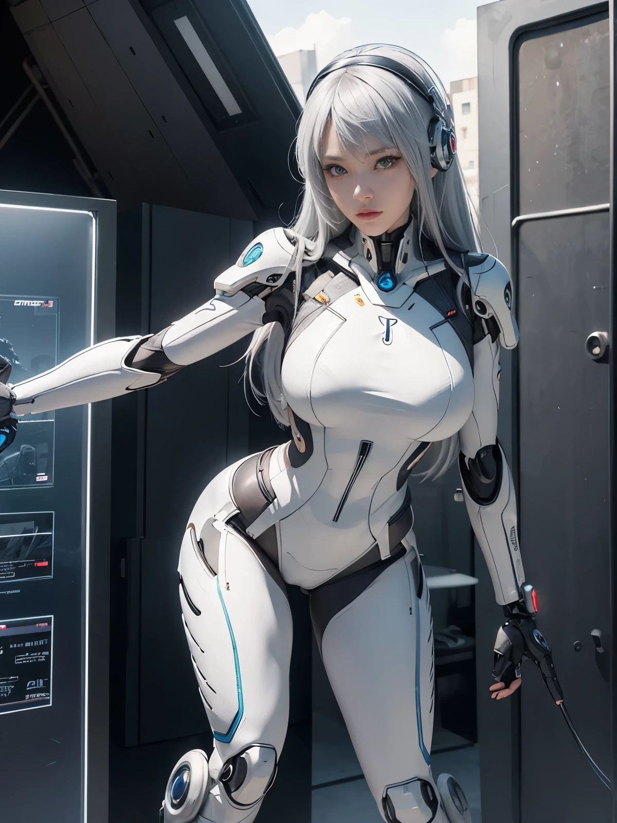 Woman in futuristic costume, Standing on the edge of the roof, cyborg - girl with silver hair, gynoid cyborg body, Anime Cyborg, perfect anime cyborg woman, biomechanical oppai, bent over (Posing on the display:1.4), Anime character; full body art, beutiful white girl cyborg, cybersuits, gynoid body, cyborg girl, cyberpunk bodysuit, (((bright face))), (((perfect lighting))), in modern city tech street
