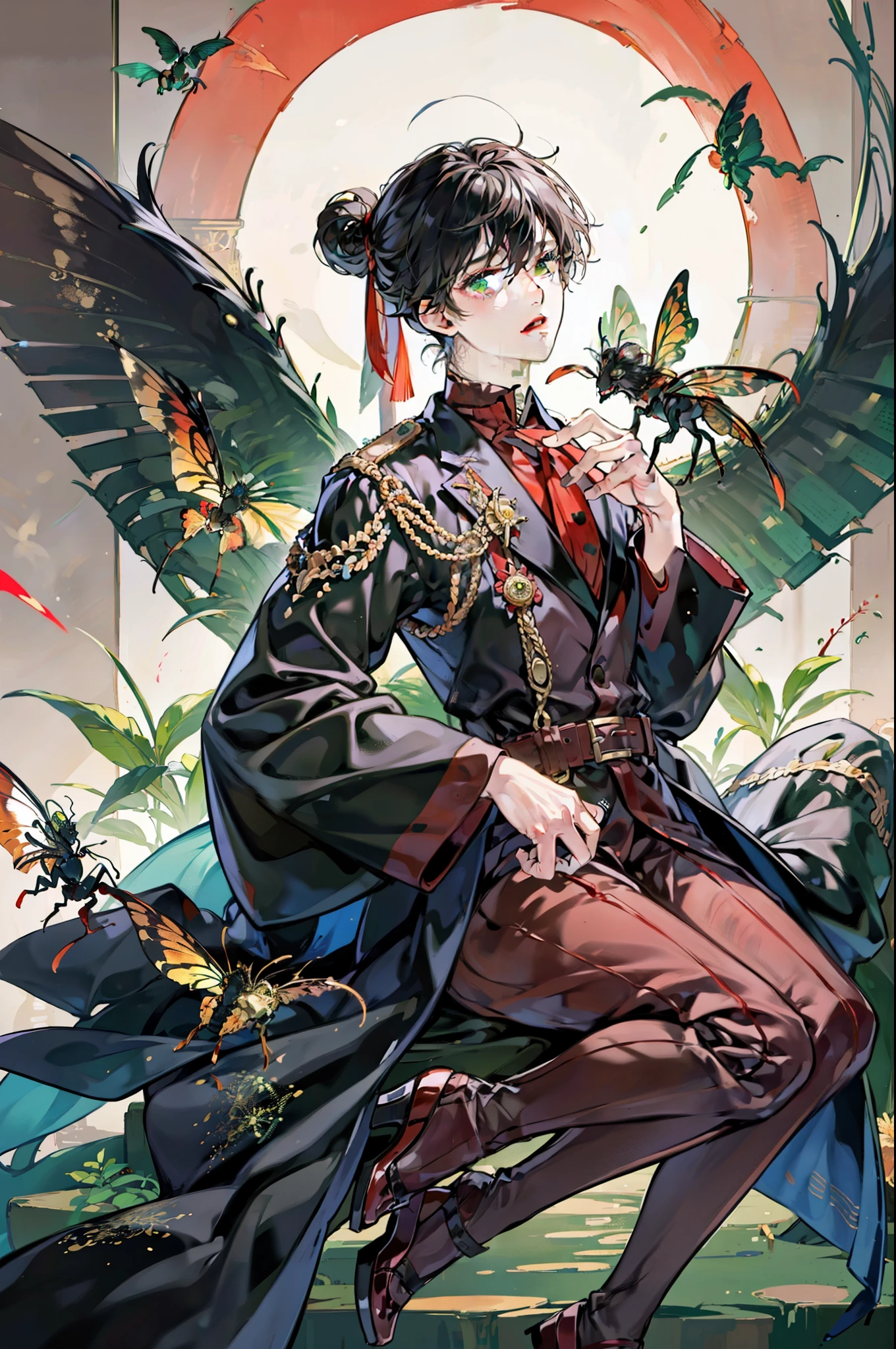 (best quality, high resolution, ultra detailed), a boy, a teenager, with black hair and toxic green eyes, very beautiful, dressed in a traditional costume from some oriental country, surrounded by strange insects, of all sizes, and that They look scary. He seems comfortable with insects, but the atmosphere is terrifying, so he holds what appears to be a red and black centipede.
