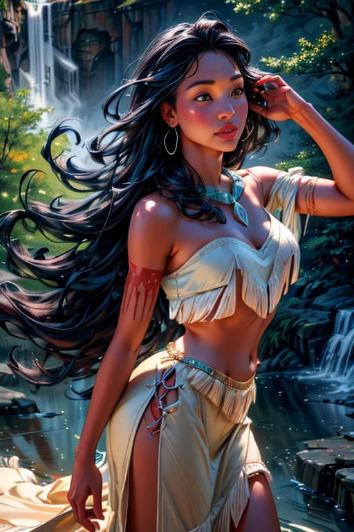 A girl in a natural landscape,beautiful detailed eyes,beautiful detailed lips,extremely detailed eyes and face,longeyelashes,3D rendered medium,traditional painting techniques,warm and vibrant colors,soft lighting,forest background,flowing rivers and waterfalls,feathers and Native American inspired clothing,captivating and confident look,peaceful and fearless spirit,highres,true-to-life representation,historical portrayal,enchanting atmosphere,authentic Native American tribe culture,spirited and graceful movement,harmonious connection with nature.