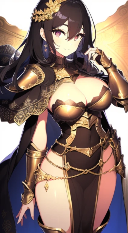 "(masterpiece), best quality,
1girl, (eyelashes:1.5),
(intricate high detailed body:1.2),
black hair,
(hair between eyes:1.2),
brown eyes,
(pelvic curtain:1.1),
(detailed pupils:1.1),
happy, smile,
(knight armor, armored boots, capelet:1.2),
sleeve, hair ornament,
standing,
full body,
( white background:1.3)"