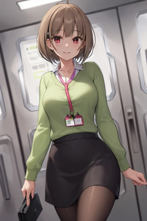 2D, masterpiece, highest quality, anime, highly detailed face, highly detailed eyes, Highly detailed background, perfect lighting, whole body, 1 girl, alone, Harusaki Nodoka, collared shirt, green sweater, black skirt, pantyhose, ID card, embarrassing, smile, Are standing, office 