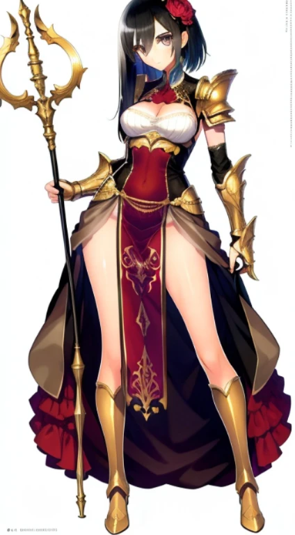 "(masterpiece), best quality, 
1girl, (eyelashes:1.5),
(intricate high detailed body:1.2), 
black hair,  
(hair between eyes:1.2), 
brown eyes, 

(pelvic curtain:1.1),  
(detailed pupils:1.1), 
happy, smile, 
(gauntlets, :1.2), 
holding staff,
standing, 
full body, 
( white background:1.3)"