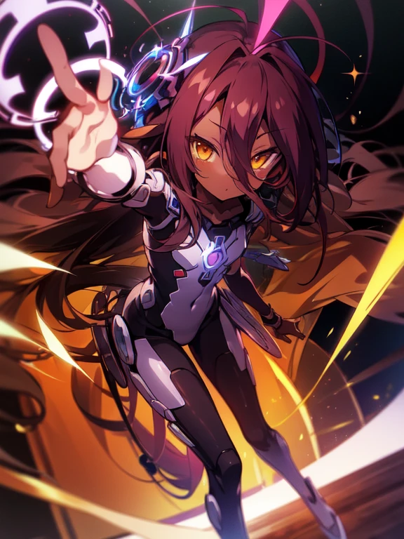 Masterpiece, Top quality, high resolution, highres, 8k, best quality, HD, , 1 male, shota, cute, innocent, ((dark skin)), orange eyes, otokonoko, dark brown hair long hair in a side-swept style smooth, wearing an a black fullbody bodysuit, exosuit armour parts,, cute artstyle, stand still, close up, (Shuvi), (deus ex machina race), (no game no life), magic Circle's,