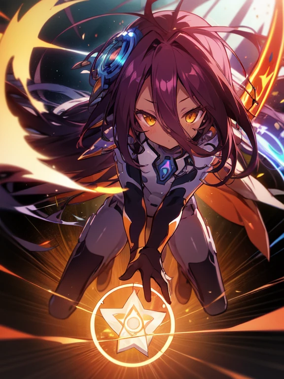 Masterpiece, Top quality, high resolution, highres, 8k, best quality, HD, child, 1 male, shota, cute, innocent, ((dark skin)), orange eyes, otokonoko, dark brown hair long hair in a side-swept style smooth, wearing an a black fullbody bodysuit, exosuit armour parts,, cute artstyle, stand still, close up, (Shuvi), (deus ex machina race), (no game no life), magic Circle's,