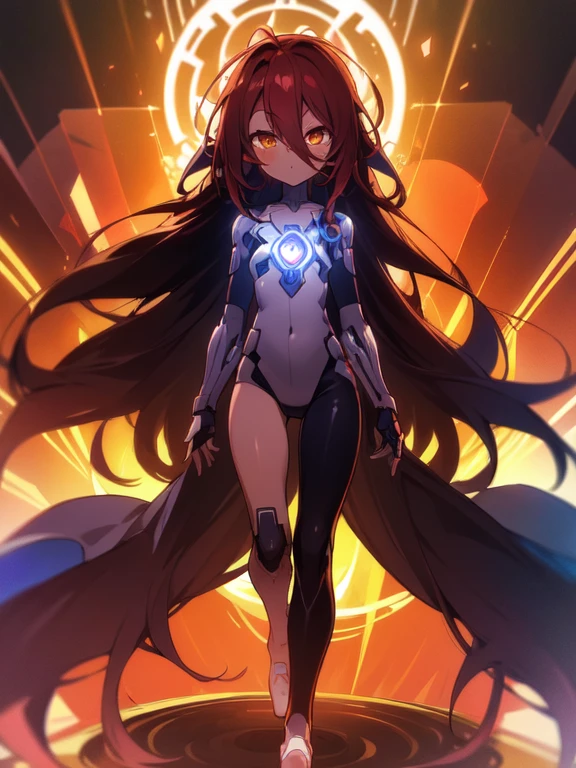 Masterpiece, Top quality, high resolution, highres, 8k, best quality, HD, child, 1 male, shota, cute, innocent, ((dark skin)), orange eyes, otokonoko, dark brown hair long hair in a side-swept style smooth, wearing an a black fullbody bodysuit, exosuit armour parts,, cute artstyle, stand still, close up, (Shuvi), (deus ex machina race), (no game no life), magic Circle's,