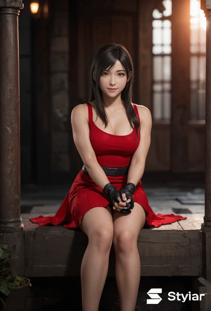 (best quality,ultra-detalhado),(Realistic:1.37),Tifa Lockhart,Rosto bonito e detalhado, textura ultra realista, rosto delicado, corpo delicado, Fit physique, cute smile expression