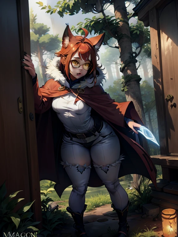 breathtaking (best quality, masterpiece, detailed, 8k)
RAW, realistic cinematic photo, Angelic female anthro furry fox, mage, detailed fur, red fur, narrow muzzle, sultry yellow eyes, slit pupil, red hair, Textured long bob, black nails, wearing ornate robes, opulent magical equipment, green hooded cloak, small round glasses, carrying spell book, dynamic action pose, close up, A gate composed of interwoven vines and flowers, representing the connection between nature and magic, casting spells, defending against attackers, posed in misty forest battle, Mesmerizing (Radiant Aura:1.2), shot from dynamic angle, (masterpiece, award-winning, professional, HDR)