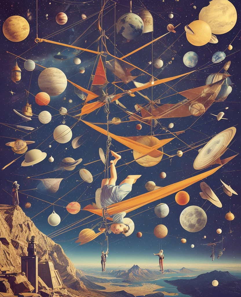 there are many people that are hanging upside down on wires, surreal collage, surrealism aesthetic, a contemporary artistic collage, digital collage, suspended in outer space, inspired by Hannah Höch, collage style joseba elorza, bgill55_art,surreal scene, cosmic energy wires, surreal illustration, 1980s surrealism aesthetic, overload, surreal composition, surreal dream, in the style of bgill55_art