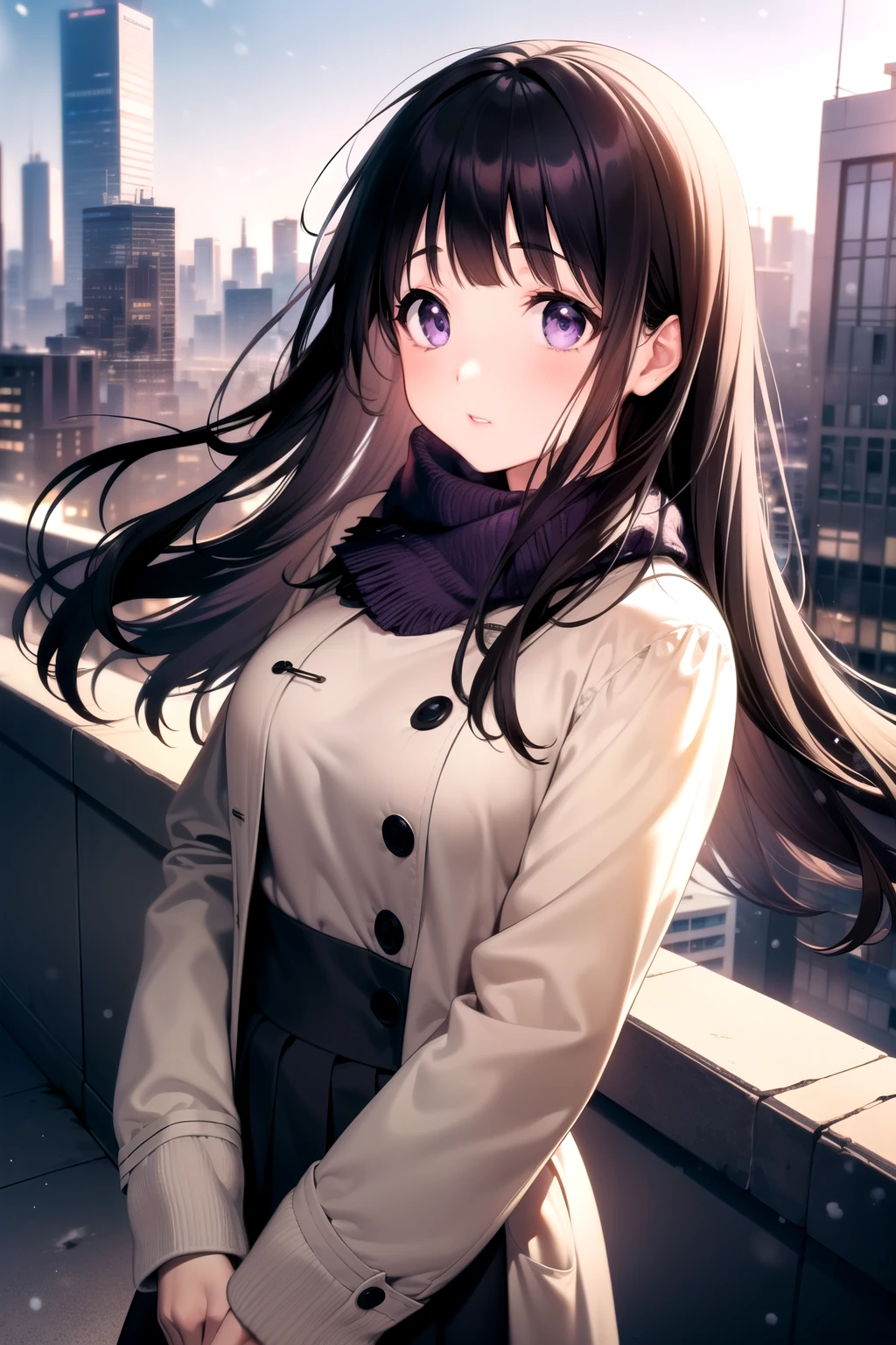 (A superb exquisite Chitanda Eru), (mature face), purple eyes, long black hair, natural straight hair, straight bangs, solo, [Small_breasts: large_breasts: 0.5], normal breasts, ((tall buildings, city, winter)), (purple coat, skirt), extremely delicate, peerless beautiful girl, dreamy quality, exaggerated facial features, solid color, delicate face, bright lips, slender waist, soft-straight curves, soft lights and shadows, super fine, 8K ULTRA HD, (masterpiece:1.4), (finely detailed beautiful eyes: 1.2)
