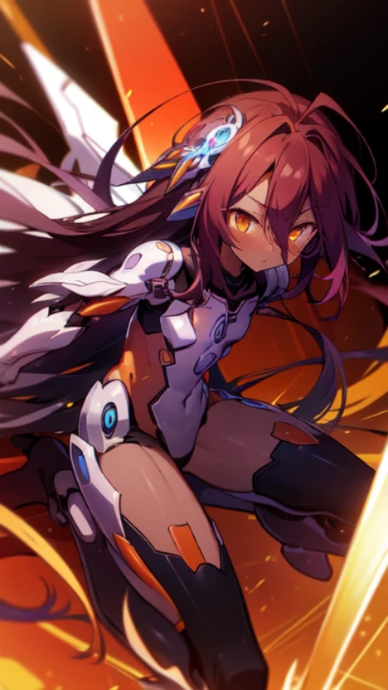 Masterpiece, Top quality, high resolution, highres, 8k, best quality, HD, child, 1 male, shota, cute, innocent, ((dark skin)), orange eyes, otokonoko, dark brown hair long hair in a side-swept style smooth, wearing an a black fullbody bodysuit, exosuit armour parts, gauntlets, cute artstyle, stand still, close up, (Shuvi), (deus ex machina race), (no game no life),