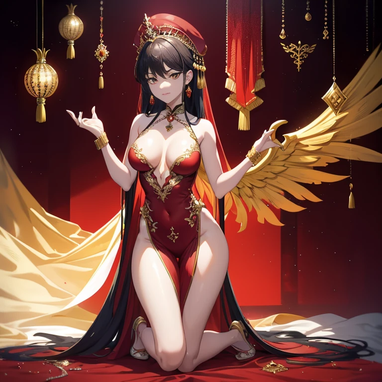 a sexy persian,A very beautiful girl,Naturally sexy,Royal sister temperament,Supermodel temperament,Alone,Phnom Penh Red Chinese Wedding Dress,Red wedding dress,Gold and red dragon and phoenix robe,high-heels,Hats,ear  ring,choker necklace,bangle(An extremely delicate and beautiful work:1.1)very sexy and beautiful ,Have perfect body proportions,Tight body lines,Sexy and perfect body curves(plum),moist skin feeling,clear skin texture(Advanced skin details:1.1)supermodel perfect face,Enchanted smile,exquisite facial features,Long brown hair,Clear and fine hair texture(Quality hair details:1.1)Clear and refined eye details,Beautiful and sophisticated eye makeup,(Advanced eye detail:1.1)The optimal ratio of four fingers to one thumb.Beautiful and exquisite manicure,Feet with perfectly proportioned thighs and calves,Phnom Penh Red Series,Royal sister demeanor,Royal Sister Series,Dragon and Phoenix Robe Series,Chinese wedding dress series,Chinese Bride,Photographic works,BestWorks,Best Picture Quality,ultra - detailed,Very high resolution,Full body photography of one person,Hyper Real,Cover photo,profesional lighting ,Professional dimming,Perfect Goddess