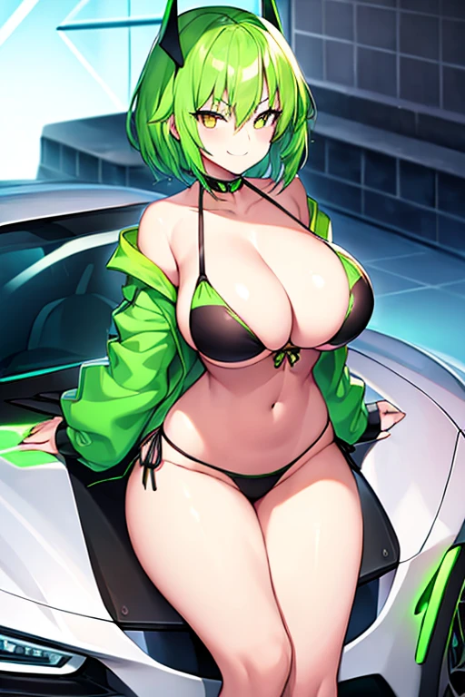 1girl, large breasts, breasts, wide hips, green hair, highleg bikini, bikini, black bikini, yellow eyes, smirk, smile, car, futuristic, science-fiction, tech, neon, neon trim, shoes, machinery, very short hair