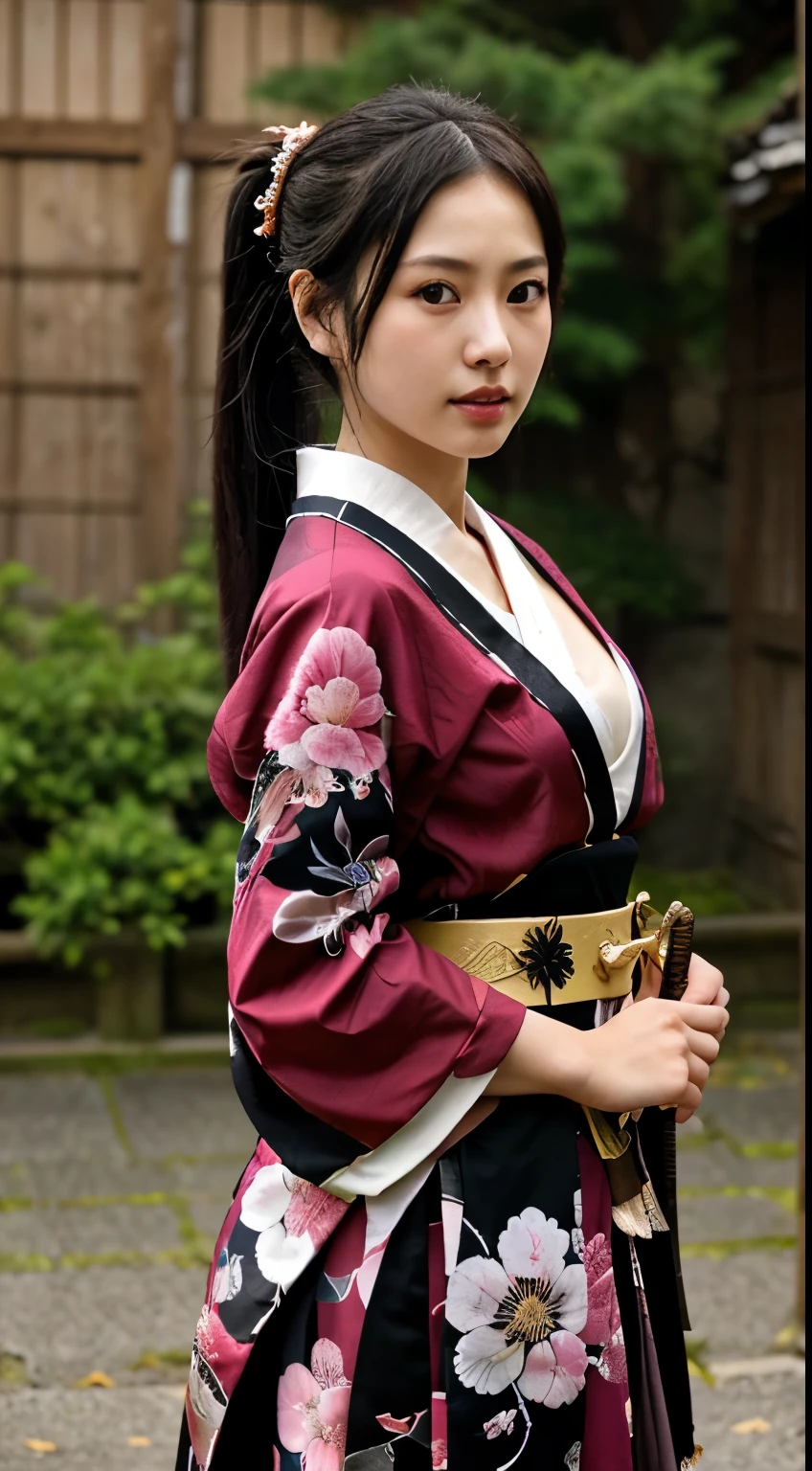 NSFW、最high quality、high quality、best image quality、8K、最High resolution、High resolution、最high quality、masterpiece、realistic pictures、RAW photo、realistic atmosphere、(detailed face)、(fine hands、thumb１reference４)、(beauty of japan )、very nice face、cute face、((beautiful japanese girl))、(woman), ((18 year old beautiful girl))、(glossy black hair)、(straight long hair)、(ponytail)、whole body、slim style、(shiny skin)、(Fair skin, Glossy skin)、real human skin、realistic human body structure、perfect body， perfect face， perfect hands， perfect fingers， perfect lips， perfect eyes，perfect teeth、perfect background， perfect atmosphere，look at the camera、 natural soft light、samurai kimono、maiko kimono、servant、geisha kimono、japanese kimono、japanese traditional、In front of a samurai residence in Japan、((transparent random color(floral samurai kimono、side slit hakama))、((Sexy pose))