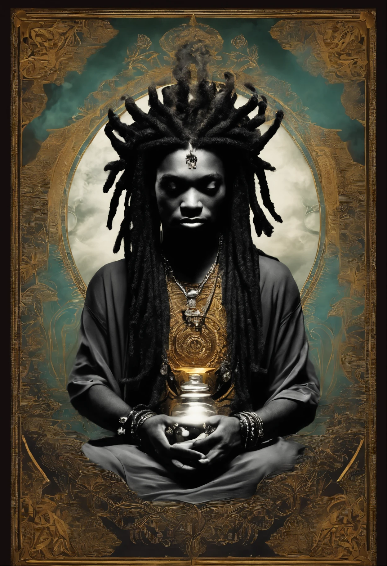 logo simbolo smoke, Baby negro Moreno, small with Boyde-style dreadlocks, one of a musician playing to audiences Aliens I wanted three different avatars,plano completo, com elementos ,water, ,fogo, Terra, ar, lightning, vento, azuis, o outro com roupas em chamas, o outro com ouro, informs about a lotus position, transparente no topo