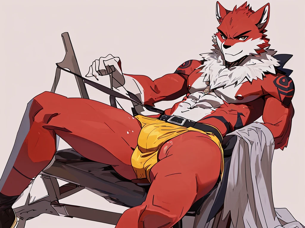 Muscular male furry in underwear and aroused in a sexy and provocative pose with his ejaculated body and sounding.