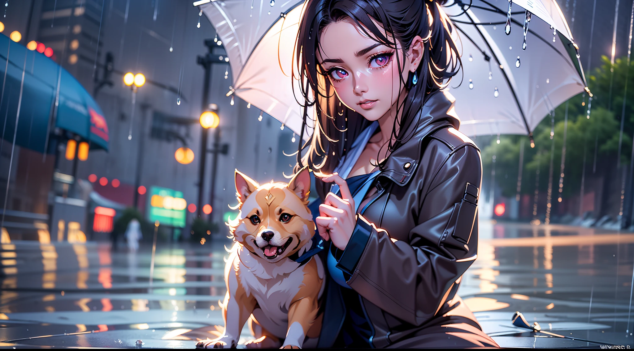 full body portrait of a photo realistic beautiful girl, 1 girl, facing forward, waifu, flowing hair, short modern rain protection clothing with an umbrella, big beautiful flirtateous open eyes, standing straight, cinematic lighting, relaxing raining weather environment setting, highly detailed, digital painting, trending on artstation, pixiv, concept art, sharp focus, illustration, art by ross tran and wlop, Glowing eyes, Best quality, good lighting, large breasts with cleavage, seductive face, Masterpiece, highres,sharp focus,(ultra detailed,extremely detailed),(photorealistic artwork:1.37),(extremely detailed CG unity 8k wallpaper),(((vibrant colors,vibrant theme))),(intricate),(masterpiece),(best quality), girl is playing with a cute small dog under the umbrella