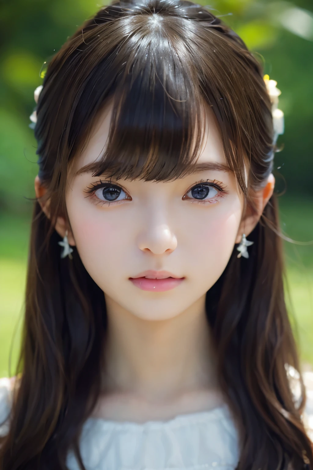 Close-up portrait of a girl wearing only a white off-shoulder top dress and earrings, soft portrait shot 8 k, nice delicate face, High quality 4K portraits, high quality portrait, soft flawless pale skin, 8K highly detailed face, なbeautiful繊細な顔, beautiful光の大きな目, beautiful and realistic face, beautiful１８Year old girl, beautiful and realistic face, cute１８Year old girl