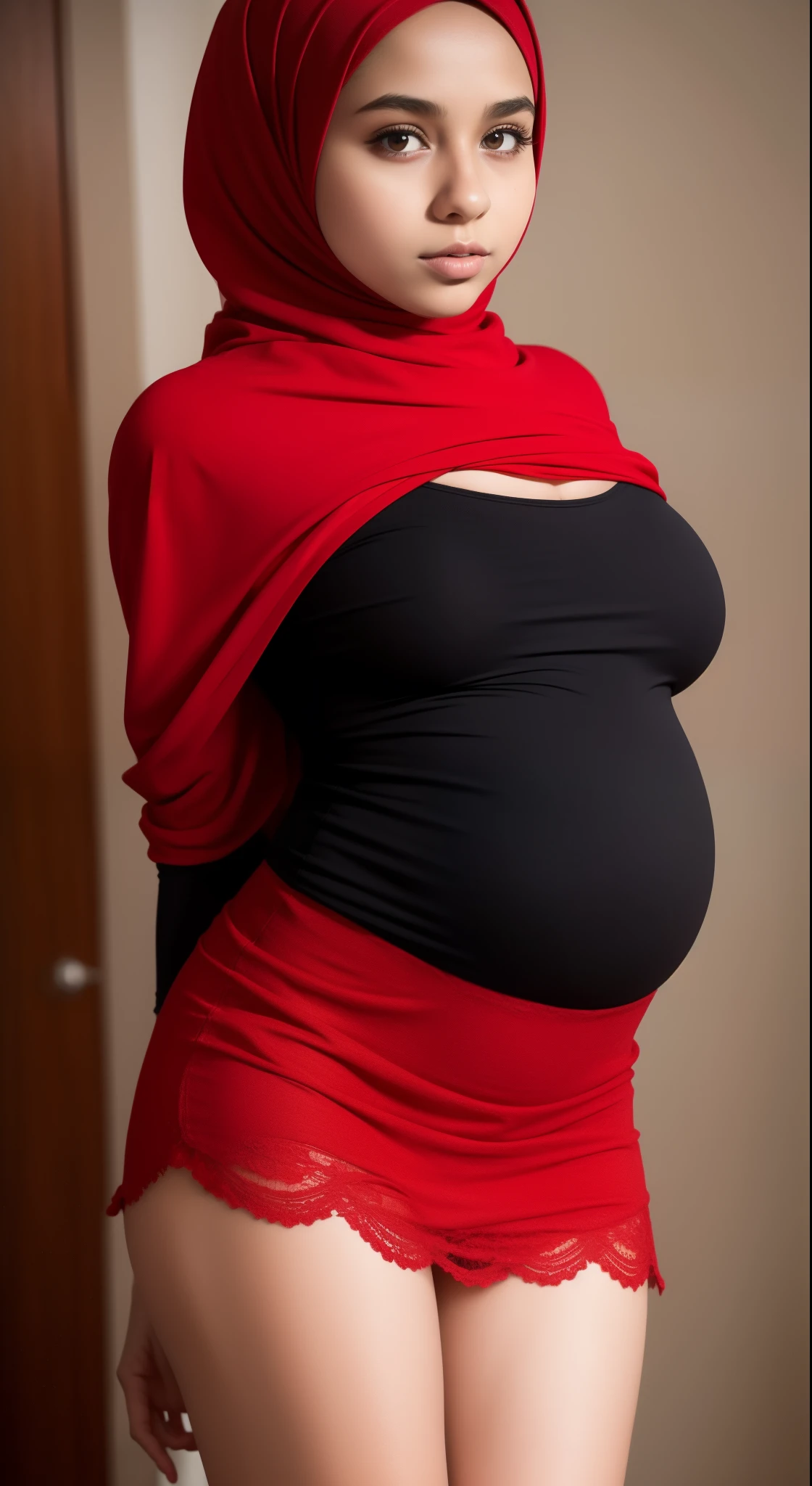 Hijab 13 years OLD teen girl, flat chest, very tigh short mini skirt, Red lace, pregnant 