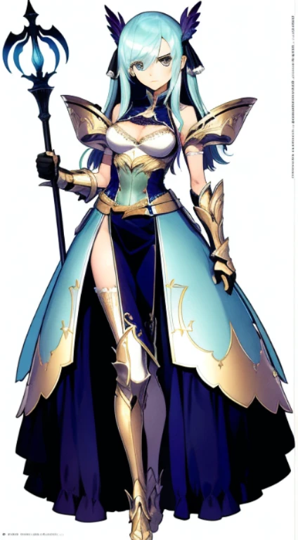 (((Best Quality))) , ((full body)), female, character design, solo, (white background), holding staff, gauntlets, waist armor, thigh high, side slit trench skirt, blue, green, violet, brown, white, colorful outfit, bare arms, bareback, Bust Bodice, bare waist,
