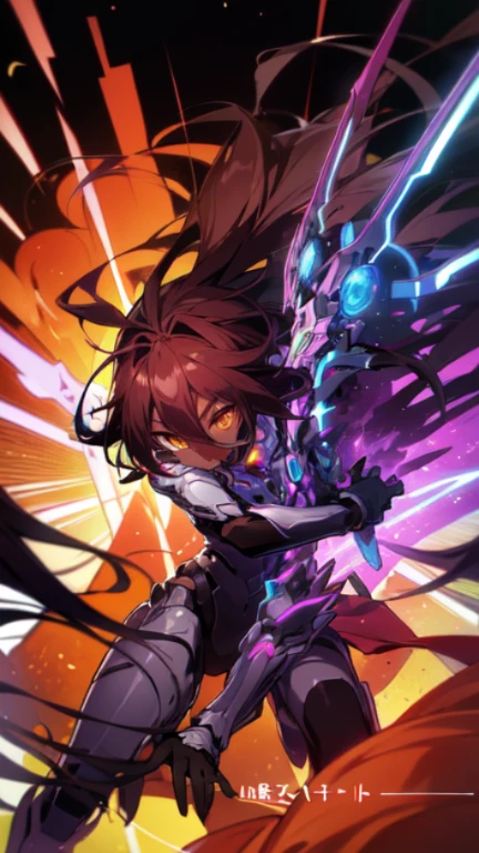 Masterpiece, Top quality, high resolution, highres, 8k, best quality, HD, child, 1 male, shota, cute, innocent, ((dark skin)), orange eyes, otokonoko, dark brown hair long hair in a side-swept style smooth, wearing an a black fullbody bodysuit, exosuit armour parts, gauntlets, cute artstyle, stand still, close up, (Shuvi), (deus ex machina race), (no game no life),