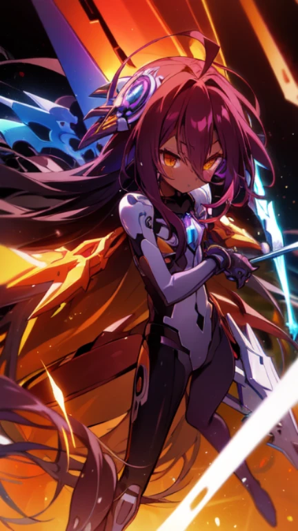 Masterpiece, Top quality, high resolution, highres, 8k, best quality, HD, child, 1 male, shota, cute, innocent, ((dark skin)), orange eyes, otokonoko, dark brown hair long hair in a side-swept style smooth, wearing an a black fullbody bodysuit, exosuit armour parts, gauntlets, cute artstyle, stand still, close up, (Shuvi), (deus ex machina race), (no game no life),
