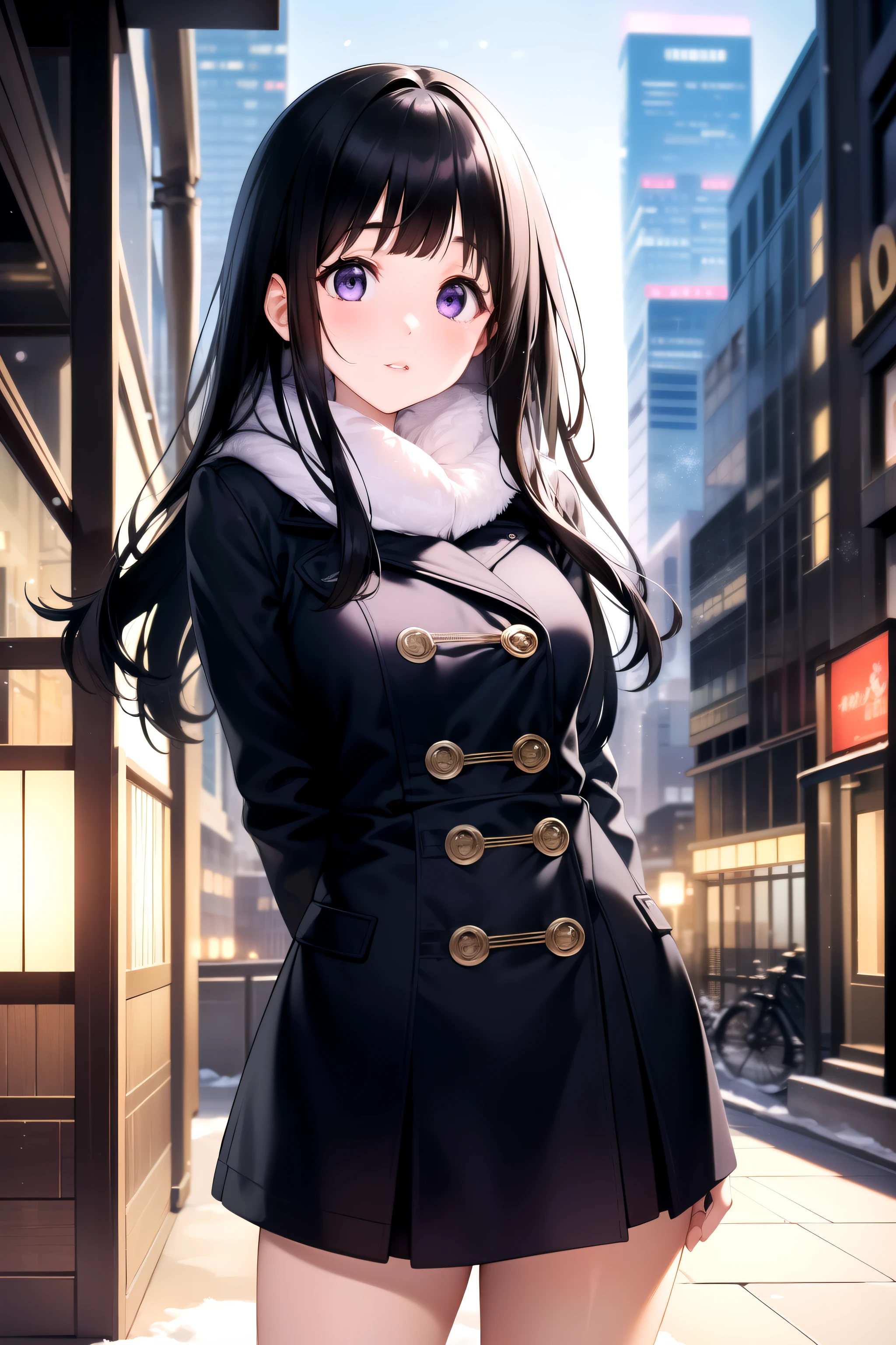(A superb exquisite Chitanda Eru), (mature face), purple eyes, long black hair, natural straight hair, straight bangs, solo, [Small_breasts: large_breasts: 0.5], normal breasts, ((tall buildings, city, winter)), (purple coat, skirt), extremely delicate, peerless beautiful girl, dreamy quality, exaggerated facial features, solid color, delicate face, bright lips, slender waist, soft-straight curves, soft lights and shadows, super fine, 8K HD, (masterpiece:1.4), (finely detailed beautiful eyes: 1.2)