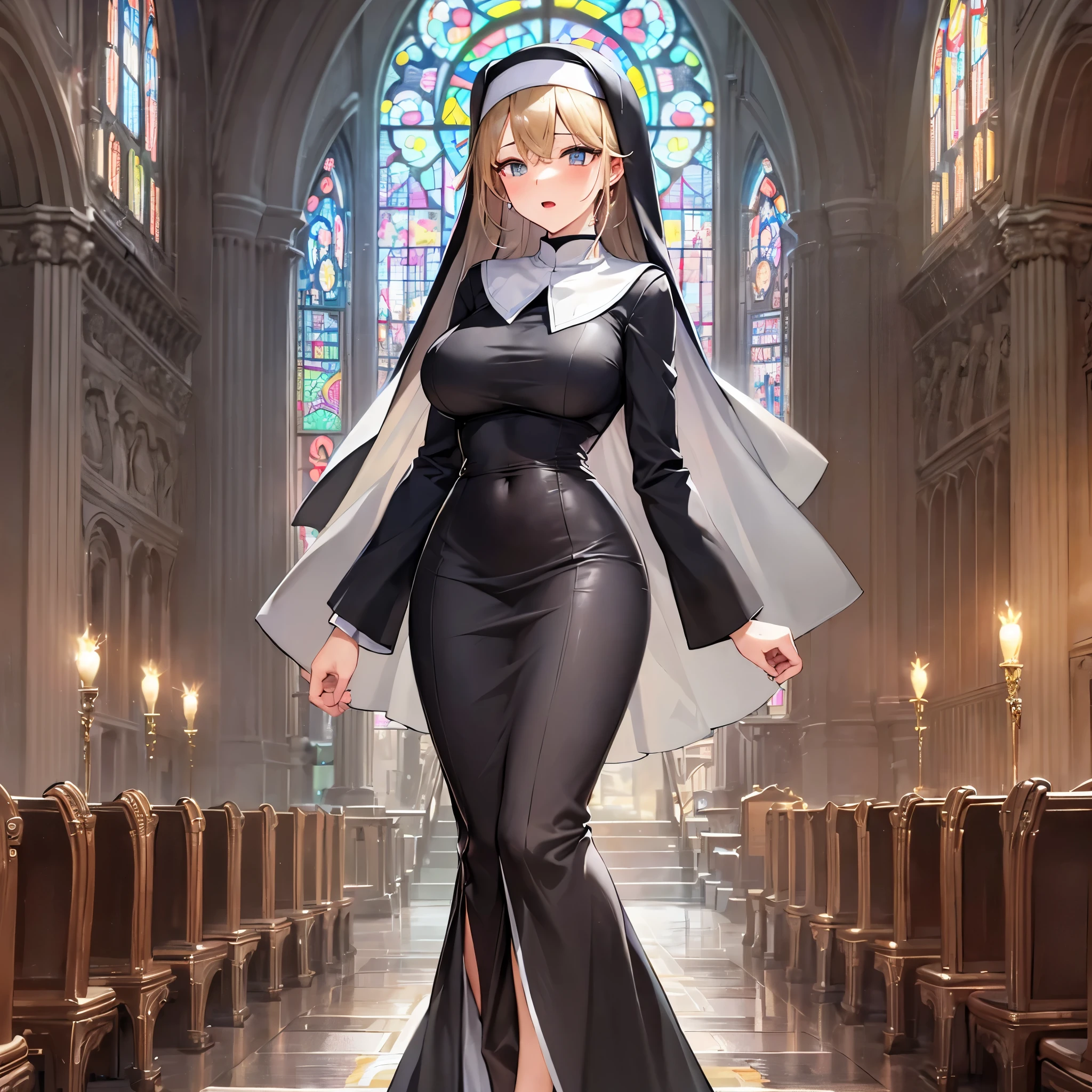 (solo 1 praying cute nun:1.3) standing in church, (praying with holding hands together over chest), very thin, (black sheer long dress:1.5), (gigantic breasts:1.3), (bursting perky breasts:1.2), (black sheer long skirt:1.4), inconceivably thin waist, closing eyes, nose blush, open mouth, (heavy breathing:1.2), stained glass, full body, 8k, ultra-detailed, masterpiece, beautiful detailed hair