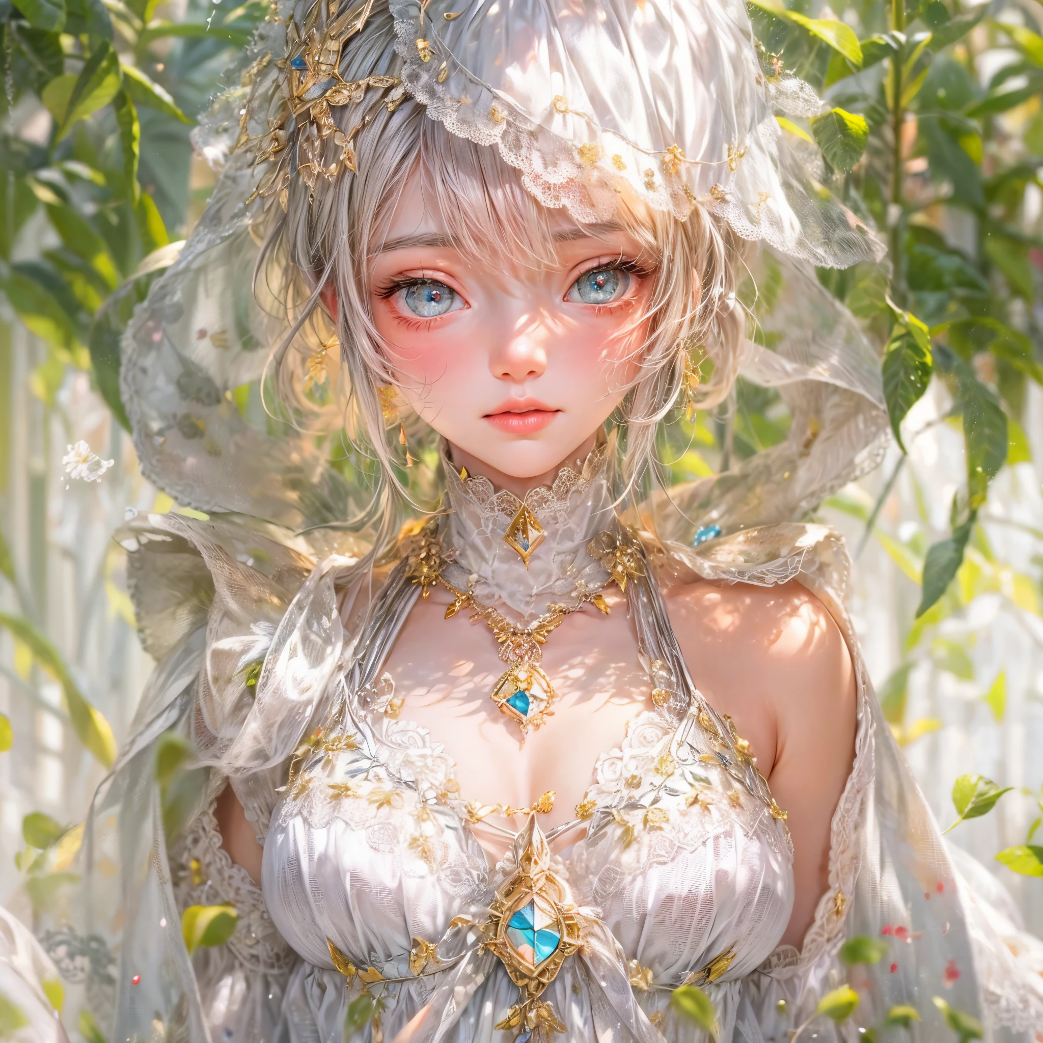 SFW, concept art, Tiny junior idol, Delicate lace knitted white clothes, (nipple:-0.9), face closeup, ((Dazzling stained glass Background)), (((Renbutsu Misako), colorful Light shines through stunning elaborate stained glass:1.2, vivid Red colors, lense Particle, lens flare, light Particle, Dazzling Halo, Acutance:0.8)). (masterpiece:1.2),(ultra-detailed:1.37),(realistic,photorealistic,photo-realistic:1.37), (Extremely detailed KAWAII face variations, innocent expression variations), rosy cheeks, intricate detailed eyes with sparkling highlights, long eyelashes with volume, subtle blush on the face. Mystic sight, haze, impeccable skin texture, captivating gaze, ((Dynamic-angle, physically-based rendering)) . (((not Detailed fingers:-0.9))) .
