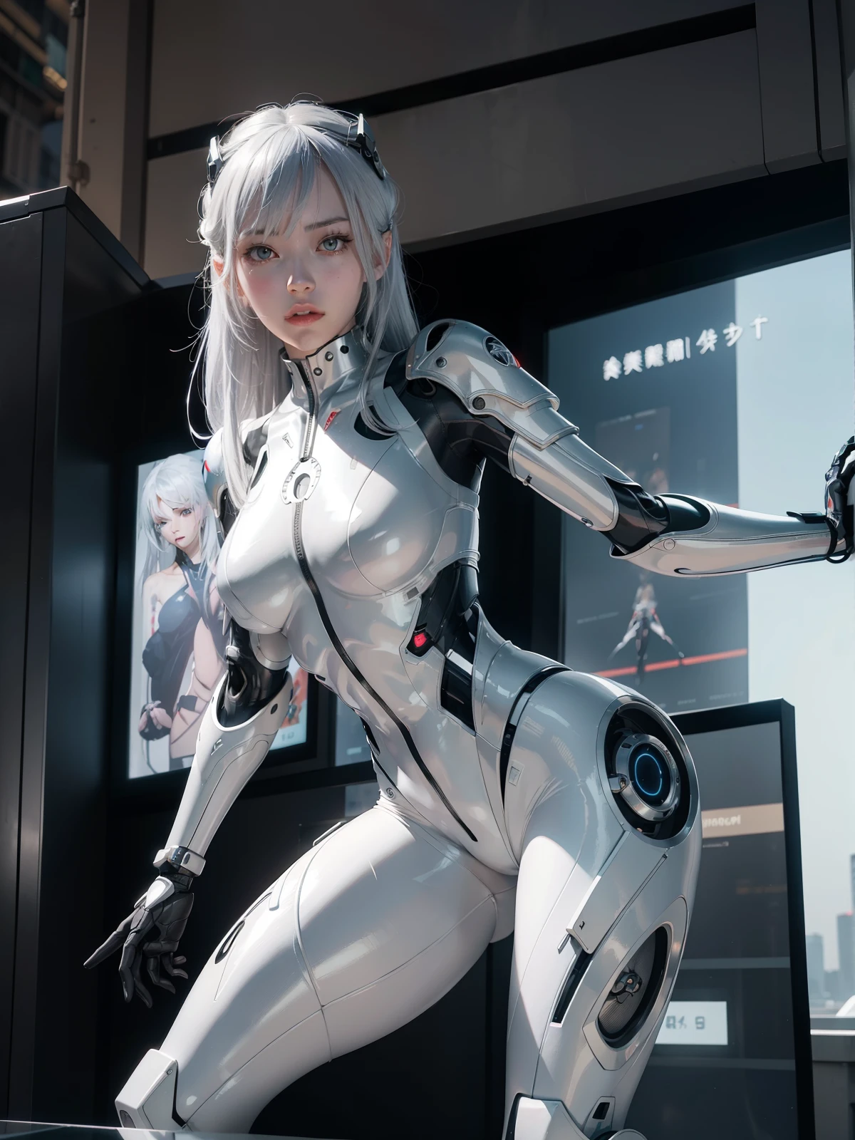 Woman in futuristic costume, Standing on the edge of the roof, cyborg - girl with silver hair, gynoid cyborg body, Anime Cyborg, perfect anime cyborg woman, biomechanical oppai, bent over (Posing on the display:1.4), Anime character; full body art, beutiful white girl cyborg, cybersuits, gynoid body, cyborg girl, cyberpunk bodysuit, (((bright face))), (((perfect lighting))), in modern city tech street